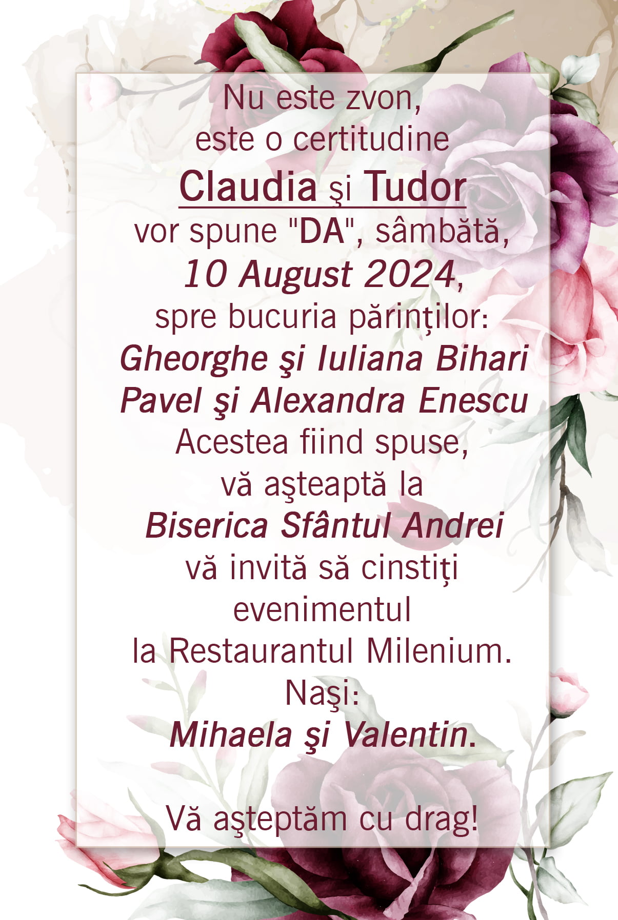Invitatie nunta - Burgundy Roses - 10x15 cm 3 Invitatie nunta - Burgundy Roses - 10x15 cm - imagine 3